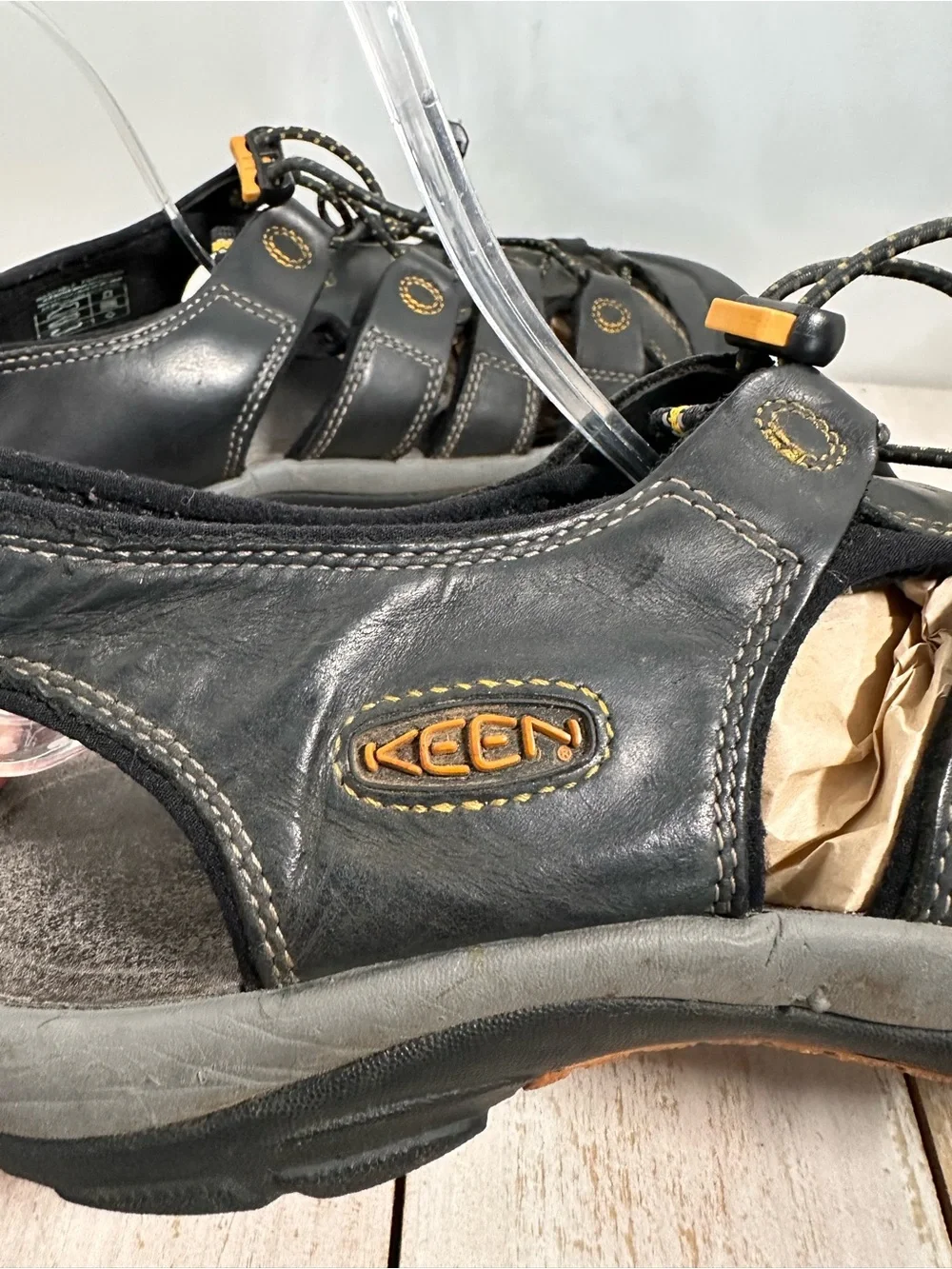 Keen Men’s Newport H2 Black leather Sandals W/Yellow Stitching protected toe cap